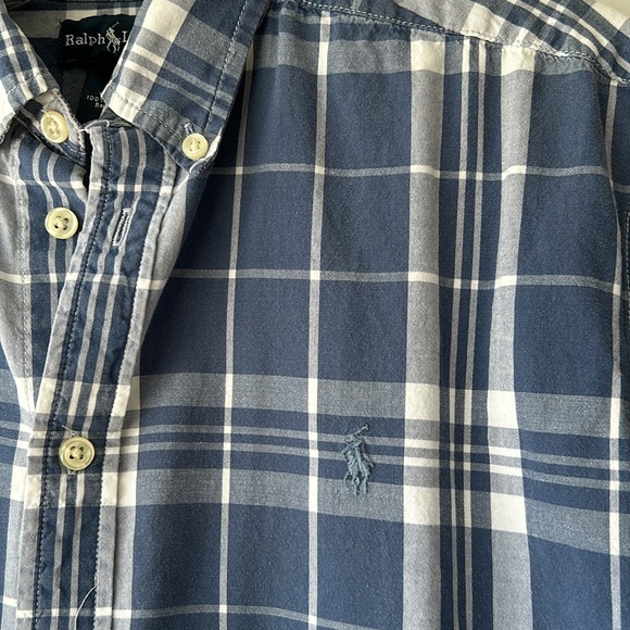 Ralph Lauren - Blue plaid, boys, extra large, button-down, short sleeve shirt. - Picture 2 of 4
